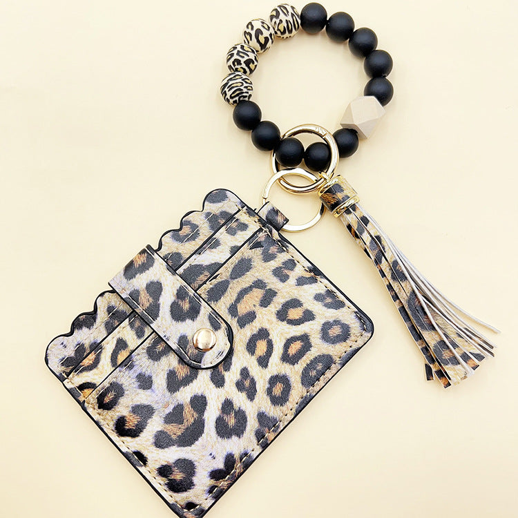 Wholesale Leopard Card Bag Silicone Beads Bracelet Tassel Keychain